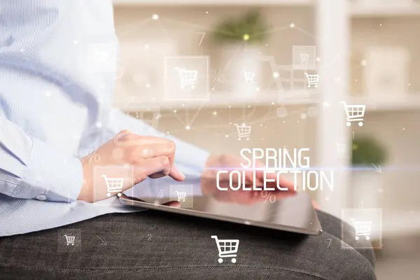Young Person Makes Purchase Online Shopping Application Spring Collection Inscription — Stock Photo, Image