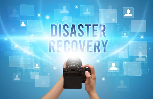 Close Van Handcamera Met Disaster Recovery Inscriptie Videobewakingsconcept — Stockfoto