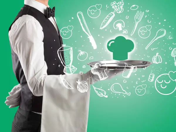 端着印有厨师帽图标的银盘的服务员 健康食品的概念 — 图库照片