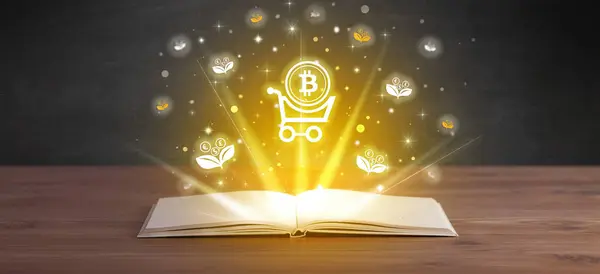 Open book with shopping cart with bitcoin icons above, currency exchange concept
