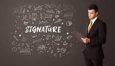 SIGNATURE yazıtları, iş eğitimi kavramı ile düşünen işadamı