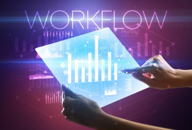 Üzerinde WorKFLOW yazıtı olan fütüristik tablet, modern iş kavramı.