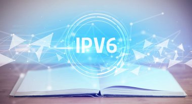 Open book with IPV6 abbreviation, modern technology concept clipart