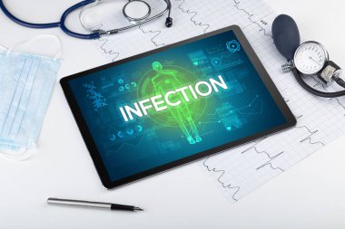 INFECTION yazıtları, koronavirüs kavramına sahip tablet pc ve doktor araçları