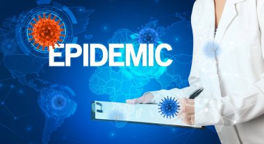 Doktor EPIDEMIC yazıtları ve viroloji konseptiyle tıbbi kayıtları doldurur.