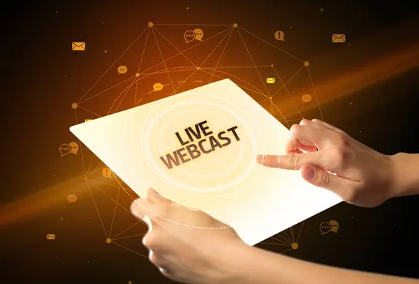 stock image Holding futuristic tablet with LIVE WEBCAST inscription, social media concept