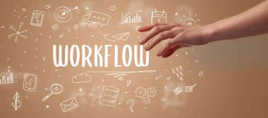 WorKFLOW yazıtına işaret eden kırpılmış elin yakın çekimi, modern iş çözümü kavramı