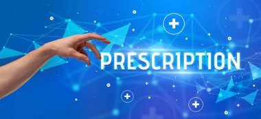 Kesilmiş elin yakın çekimi PrescRIPTION yazıtlarına işaret ediyor, tıbbi konsept