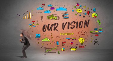 VISION yazıtlarıyla şemsiyenin arkasına saklanan kararlı işadamı, yeni iş konsepti