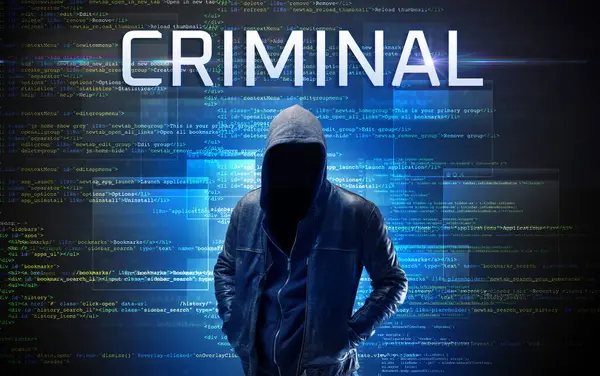 İkili kod arka planında CRIMINAL yazısına sahip yüzsüz hacker