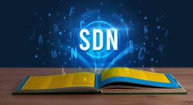SDN inscription coming out from an open book, digital technology concept clipart