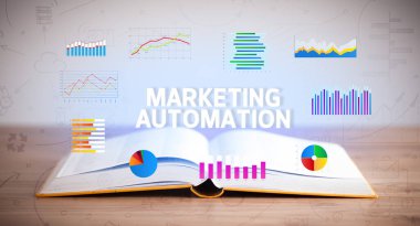 MARKETING AUTOMATION yazıtları ile açık kitap, yeni iş konsepti