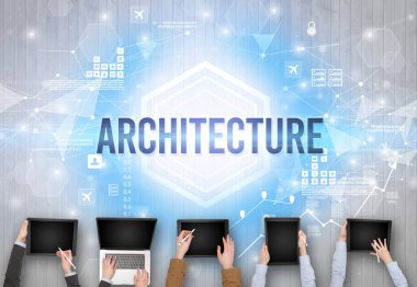 ARCHITECTURE yazıtları, modern teknoloji konsepti olan bir ofiste çalışan meşgul insanlar grubu
