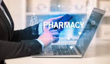 PHARMACY yazıtları ile sağlık kontrolü yapan doktor, tıbbi test sonuçlarını kaydediyor