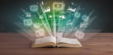 ATM para çekme ikonları ile açık kitap yakın çekim, büyük kar konsepti