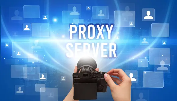 Close Van Handcamera Met Proxy Server Inscriptie Videobewakingsconcept — Stockfoto