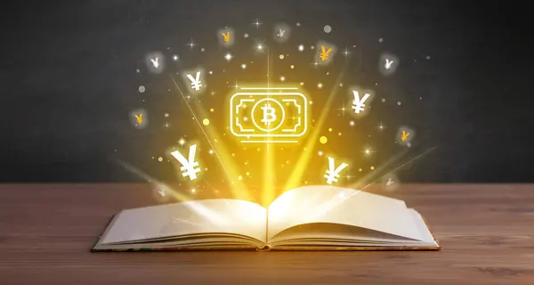 Bitcoin Nakit Ikonlarının Olduğu Açık Bir Kitap Para Değişimi Konsepti — Stok fotoğraf