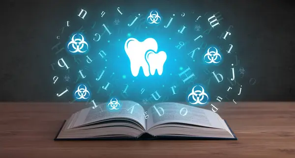 Libro Médico Abierto Con Iconos Dentales Arriba Concepto Salud Global — Foto de Stock