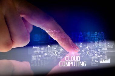 Web teknolojisi simgeleri ve Cloud Computing yazıtile parmak dokunma tablet