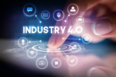 Web teknolojisi simgeleri ve Endüstriyel Yazı, web teknolojisi kavramı ile parmak dokunma tableti