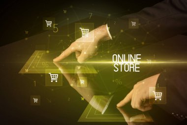Online alışveriş Online Store yazıt konsepti, alışveriş arabası simgeleriyle