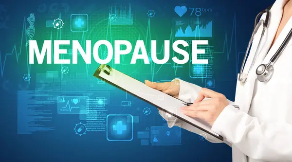 Young Doctor Writing Notes Menopause Inscription Healthcare Concept — Stock Photo, Image