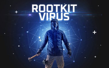 ROOTKIT VIRUS yazıtlı gizemli hacker, çevrimiçi saldırı konsepti yazıt, çevrimiçi güvenlik kavramı