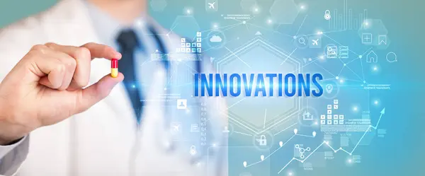 Doctor Giving Pill Innovations Inscription New Technology Solution Concept — Stock Photo, Image