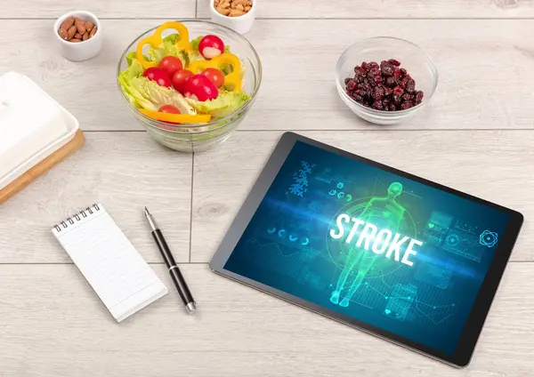 Stroke Concept Tablet Met Fruit Bovenaanzicht — Stockfoto