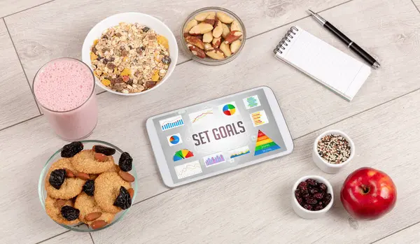 Alimentos Orgânicos Tablet Mostrando Inscrição Set Goals Composição Nutricional Saudável — Fotografia de Stock