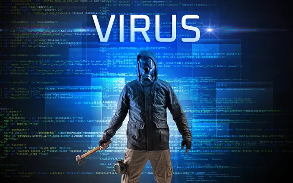 Faceless Hacker Virus Inscription Binary Code Background — Stock Photo, Image