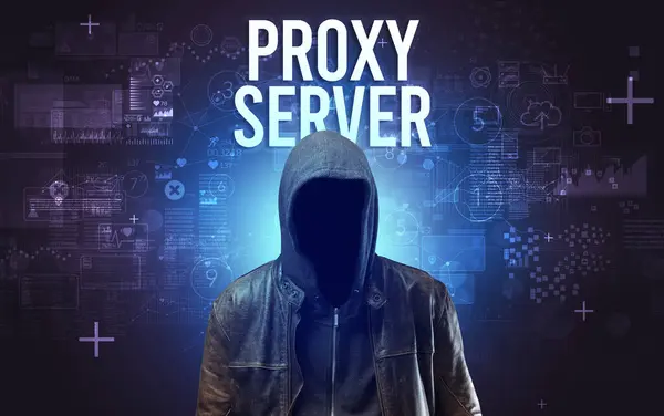 Hombre Sin Rostro Con Inscripción Proxy Server Concepto Seguridad Online — Foto de Stock