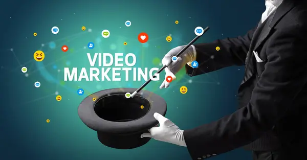 Magician Showing Magic Trick Video Marketing Inscription Social Media Marketing — Stock Photo, Image