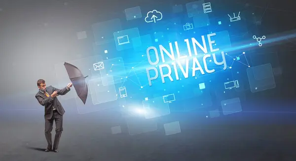 Hombre Negocios Defendiendo Con Paraguas Ciberataque Inscripción Privacidad Online Concepto — Foto de Stock