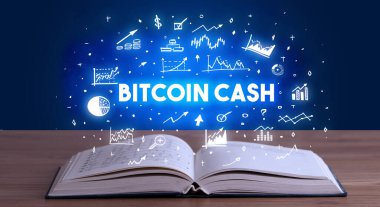 Açık bir kitaptan çıkan Bitcoin Cash yazıtlamı, iş konsepti