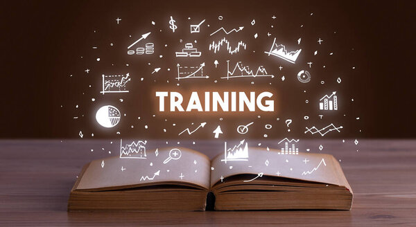 Тренировочная надпись из открытой книги, бизнес-концепция