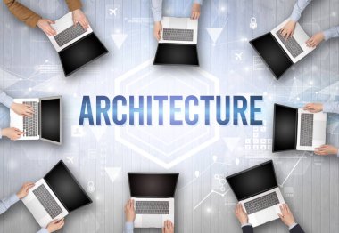 ARCHITECTURE yazıtları, modern teknoloji konsepti olan bir ofiste çalışan meşgul insanlar grubu