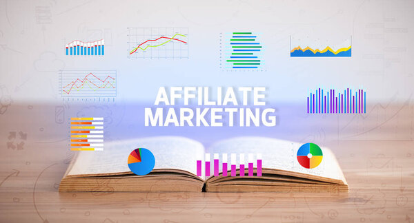Open book with AFFILIATE MARKETING inscription, new business concept