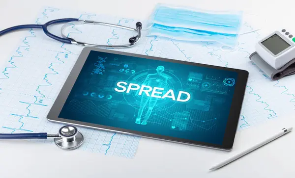 Tablet Ferramentas Médicas Com Inscrição Spread Conceito Coronavírus Imagem De Stock