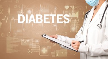 Genç doktor DiABETES yazıtları ve sağlık konseptiyle notlar yazıyor.