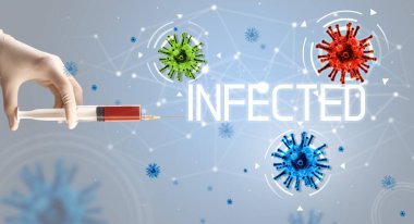 Şırınga, elinde INFECTED yazıtla tıbbi enjeksiyon, koronavirüs aşısı konsepti