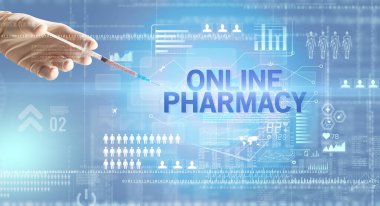 Doktorların yakından bakınca, ellerinde şırınga tutan beyaz bir eldiven içinde ONLINE PHARMACY yazıtları, sağlık hizmetleri ve tıbbi konsept olan