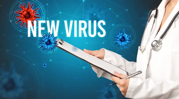 Arzt Verschreibt Ein Rezept Mit Neuem Virus Schriftzug Pandemiekonzept — Stockfoto