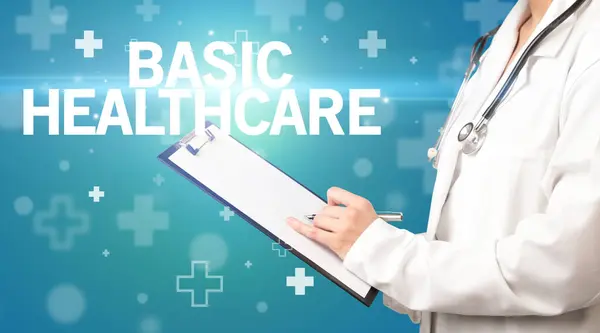 Doctor Writes Notes Clipboard Basic Healthcare Inscription First Aid Concept — Stock Photo, Image