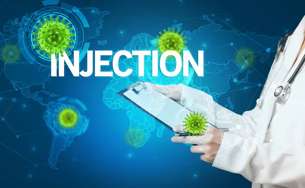 Doctor Fills Out Medical Record Injection Inscription Virology Concept — Stock Photo, Image