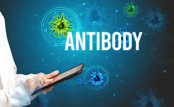 Γιατρός Συνταγογραφεί Μια Συνταγή Επιγραφή Antibody Έννοια Πανδημία — Φωτογραφία Αρχείου