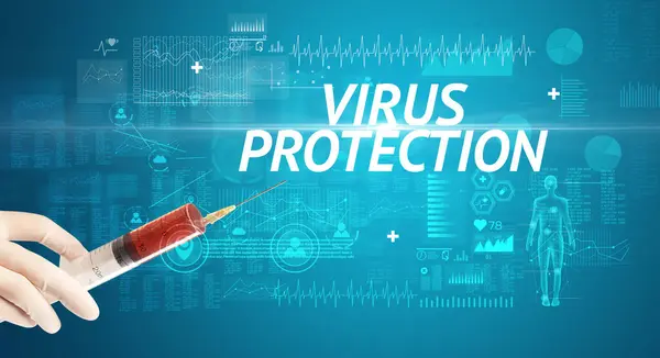 Голки Шприців Вакциною Проти Вірусу Напис Virus Protection Антидот Концепції — стокове фото