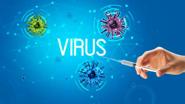Syringe Medical Injection Hand Virus Inscription Coronavirus Vaccine Concept — Stock Photo, Image