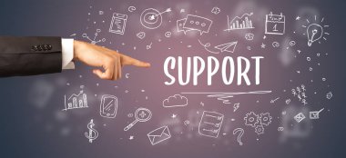 SuPPORT yazıtlarına işaret eden kırpılmış ellerin yakın çekimi, modern iş çözümleri kavramı