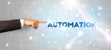 AUTOMATION yazıtlarına el işareti, modern teknoloji kavramı